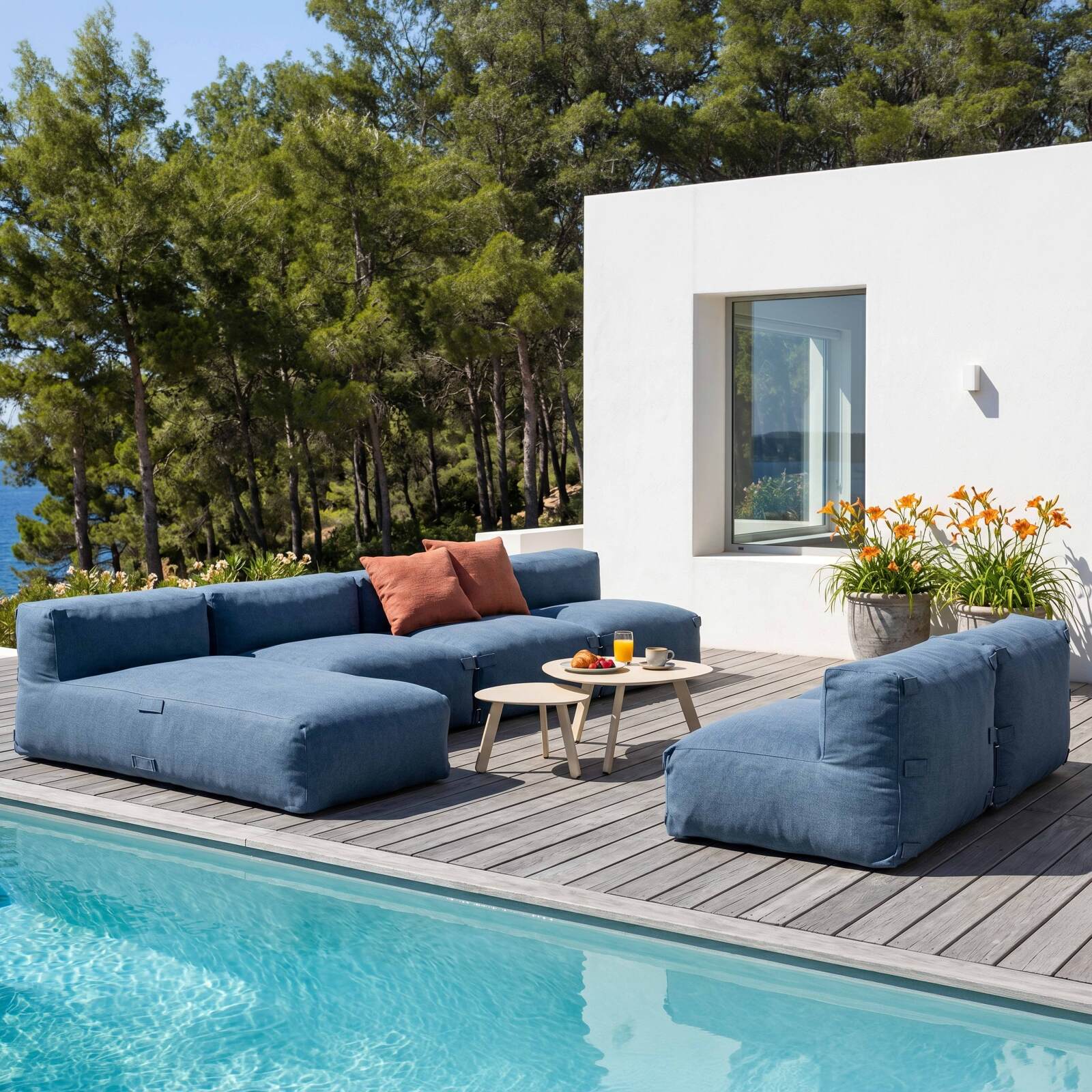 Salon de jardin modulable 6 places avec 5 fauteuils et 1 méridienne