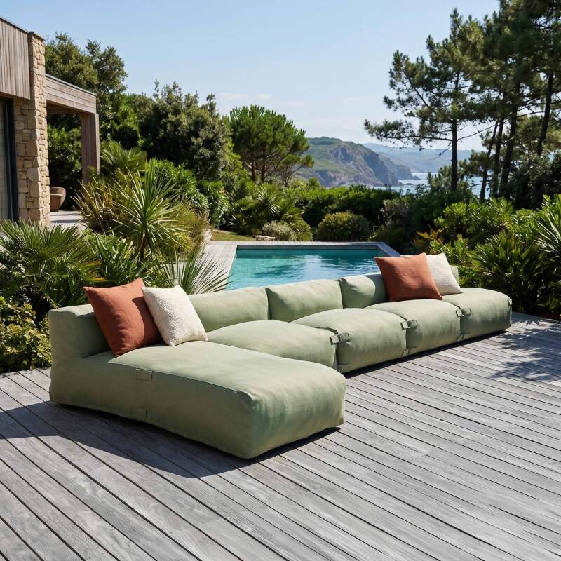 Salon de jardin modulable 5 places avec 4 fauteuils et 1 méridienne