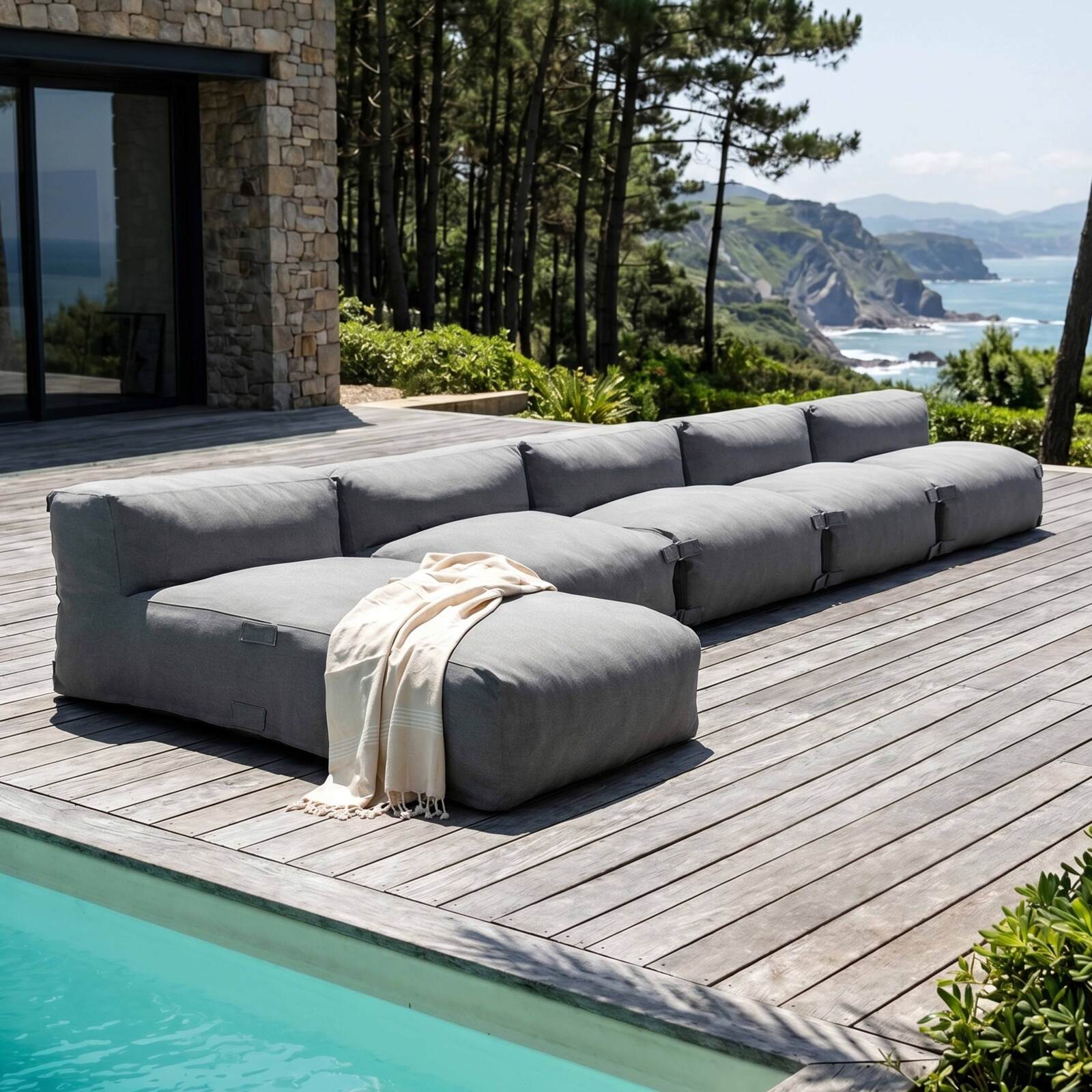 Salon de jardin modulable 5 places avec 4 fauteuils et 1 méridienne