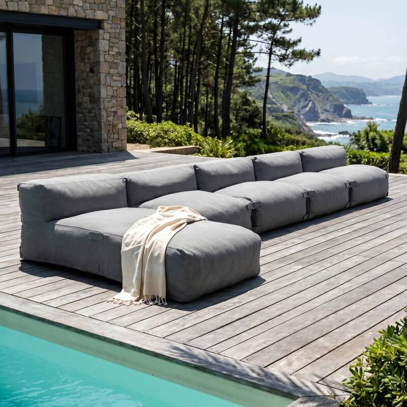 Salon de jardin modulable 5 places avec 4 fauteuils et 1 méridienne