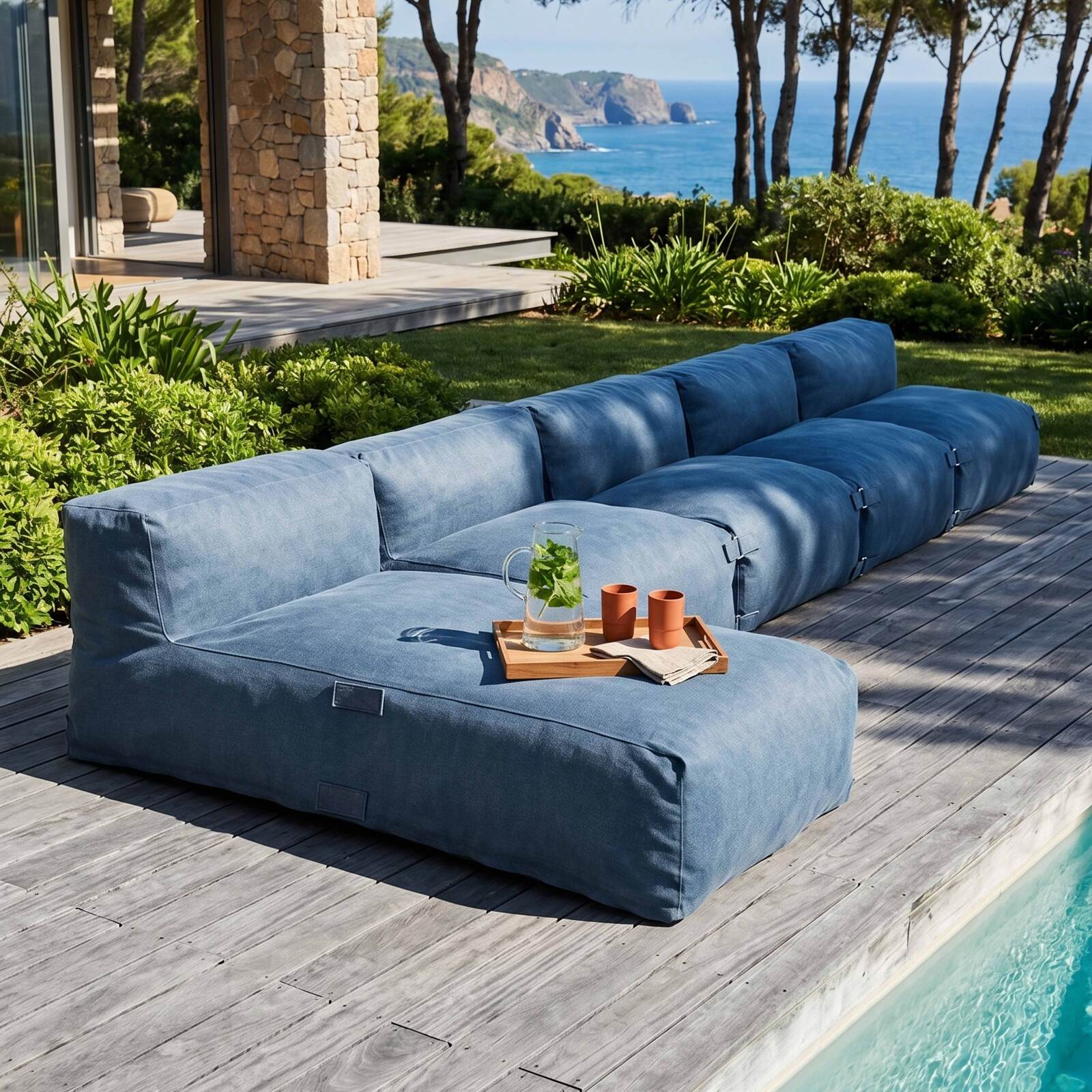 Salon de jardin modulable 5 places avec 4 fauteuils et 1 méridienne