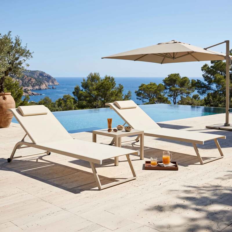 Bains de soleil aluminium et textilène inclinables 4 positions avec roues - Lot de 2 (7/8)
