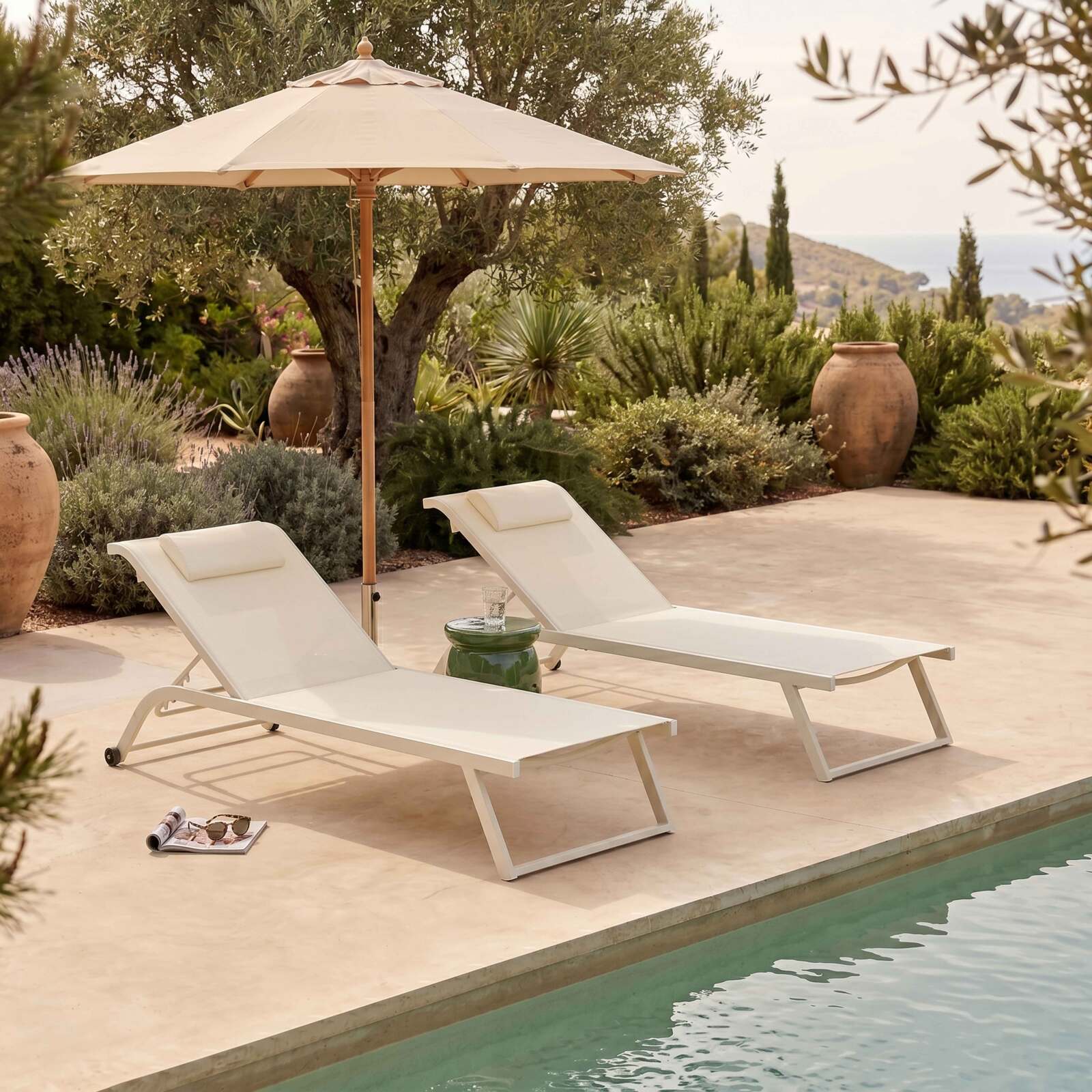 Bains de soleil aluminium et textilène inclinables 4 positions avec roues - Lot de 2