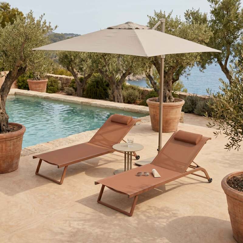 Bains de soleil aluminium et textilène inclinables 4 positions avec roues - Lot de 2
