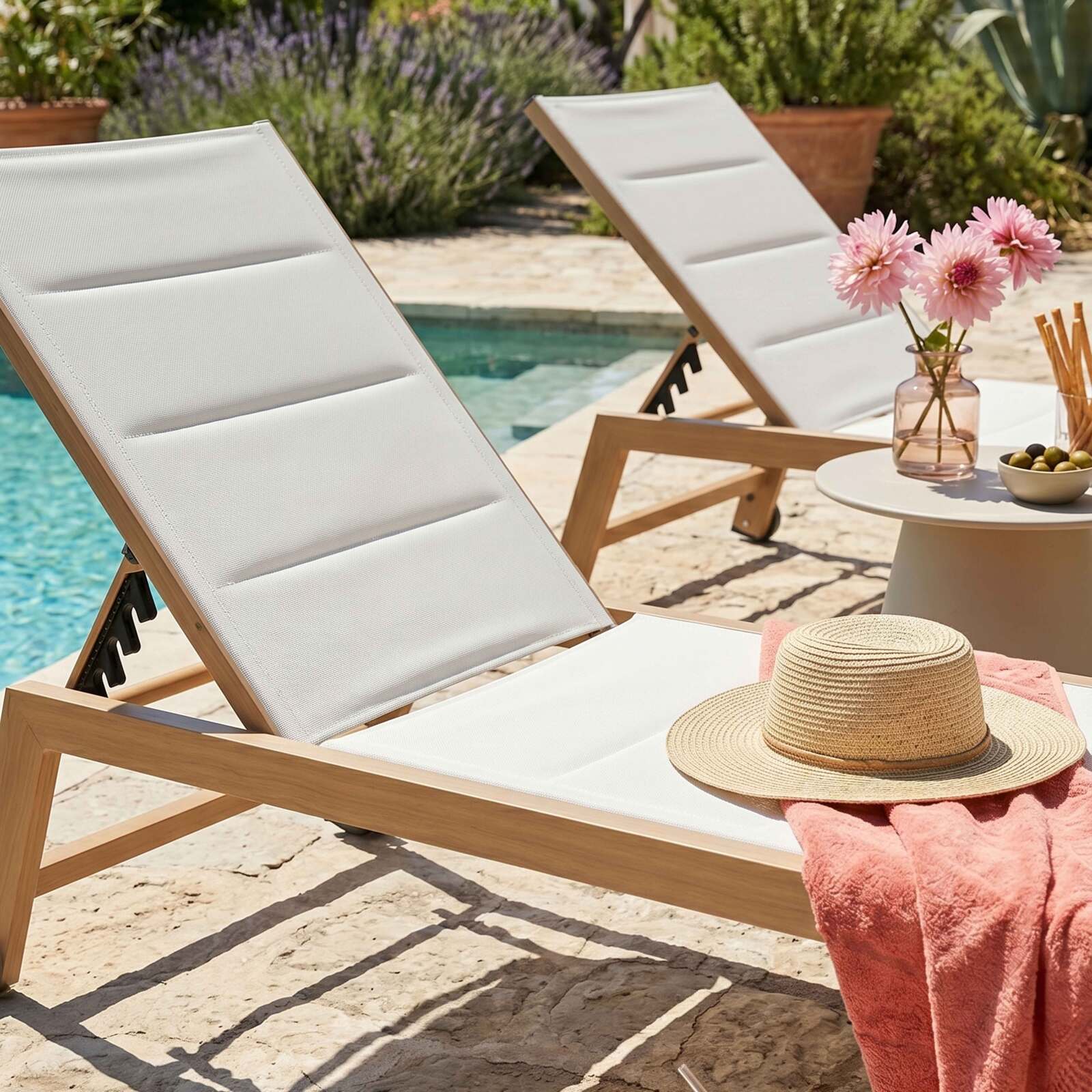 Bains de soleil aluminium effet bois et textilène inclinables 5 positions avec roues - Lot de 2