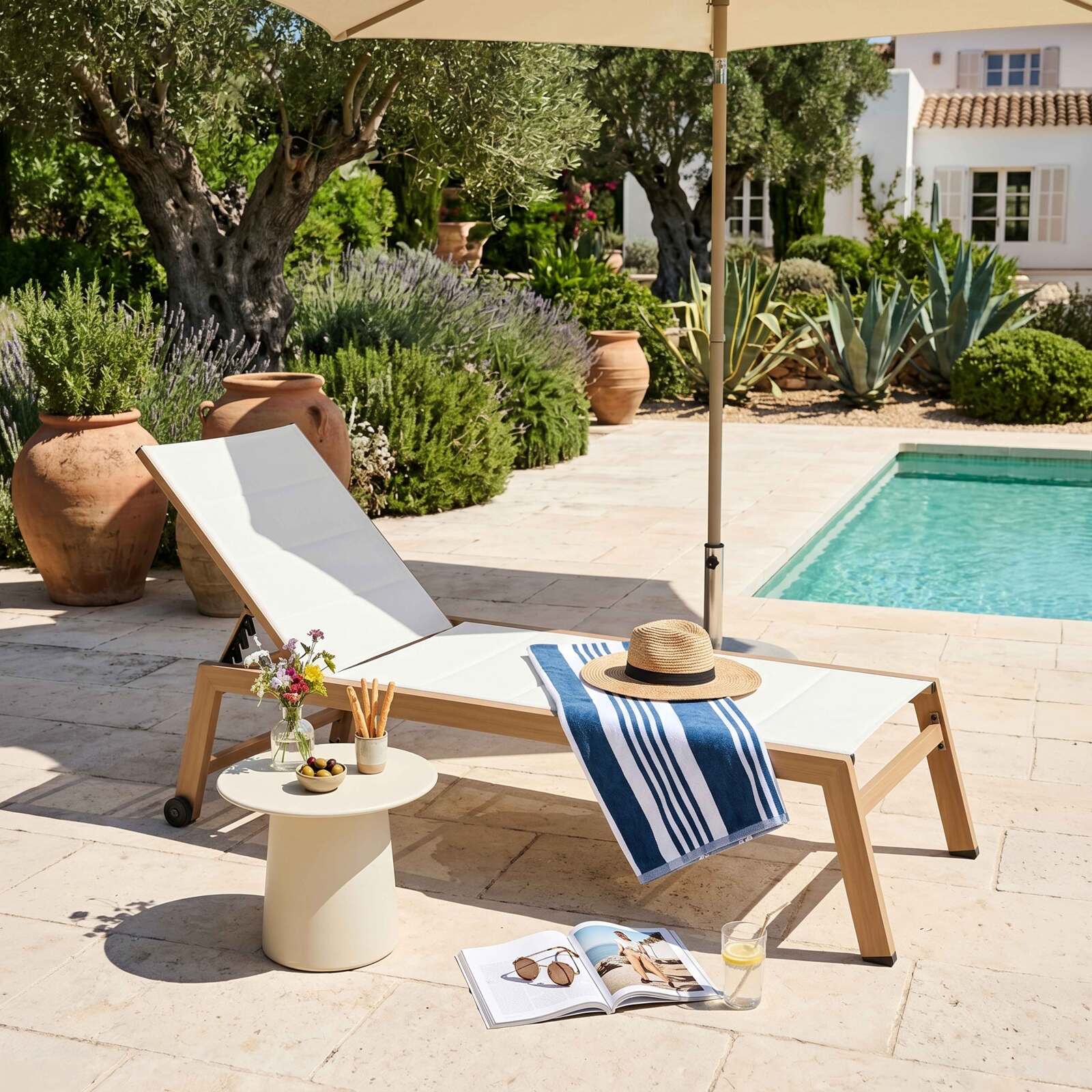 Bains de soleil aluminium effet bois et textilène inclinables 5 positions avec roues - Lot de 2