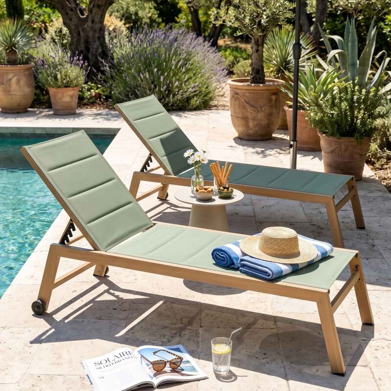 Bains de soleil aluminium effet bois et textilène inclinables 5 positions avec roues - Lot de 2