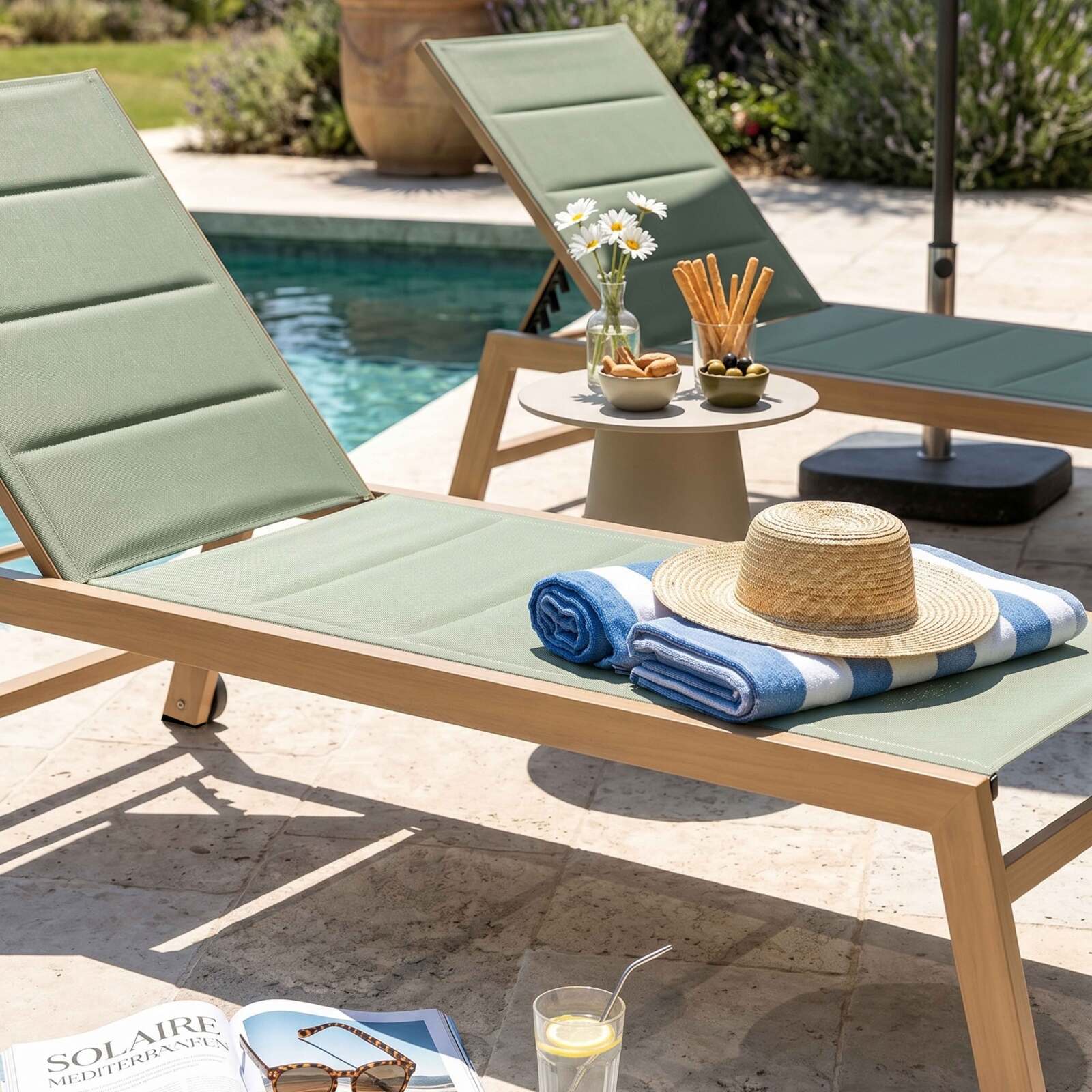 Bains de soleil aluminium effet bois et textilène inclinables 5 positions avec roues - Lot de 2