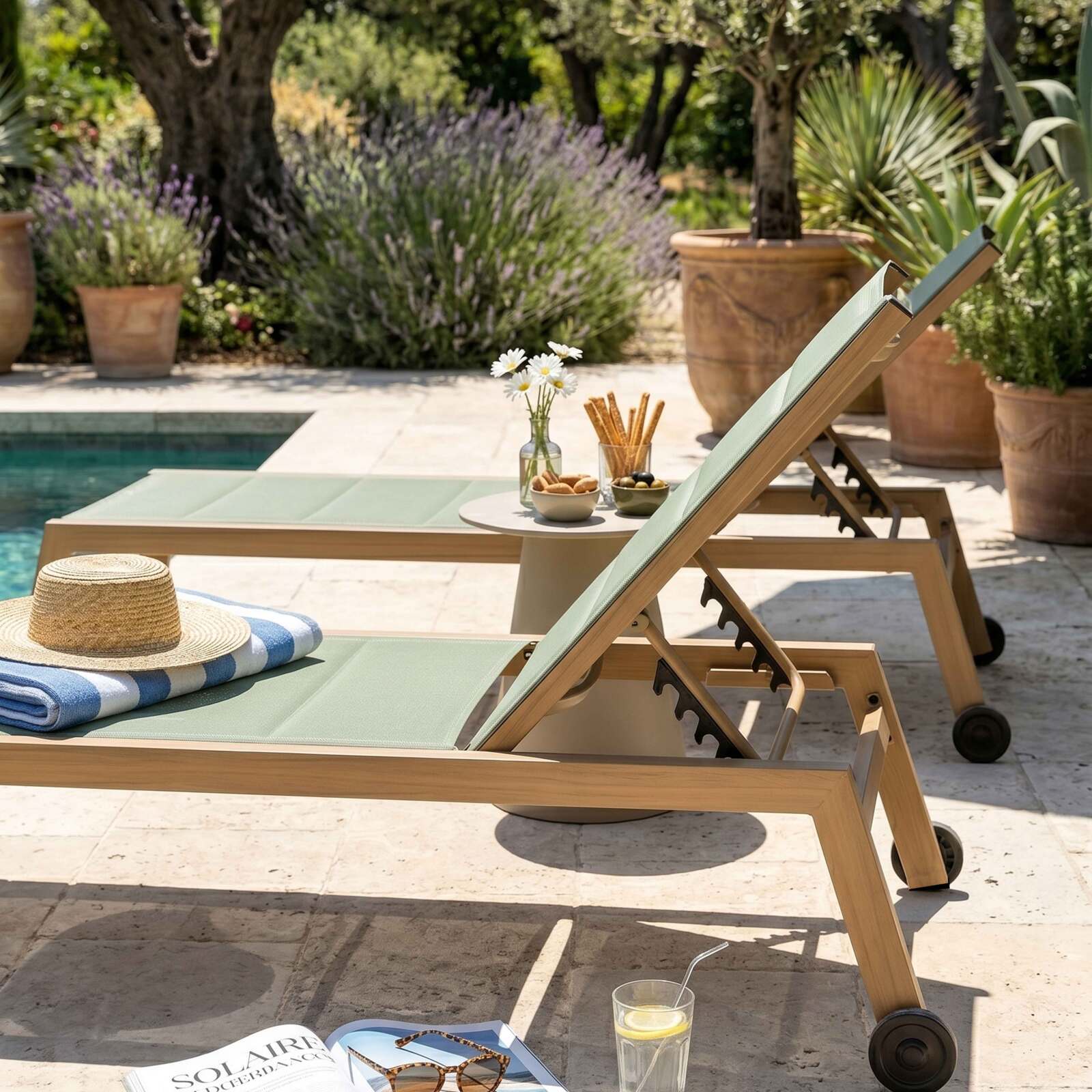 Bains de soleil aluminium effet bois et textilène inclinables 5 positions avec roues - Lot de 2
