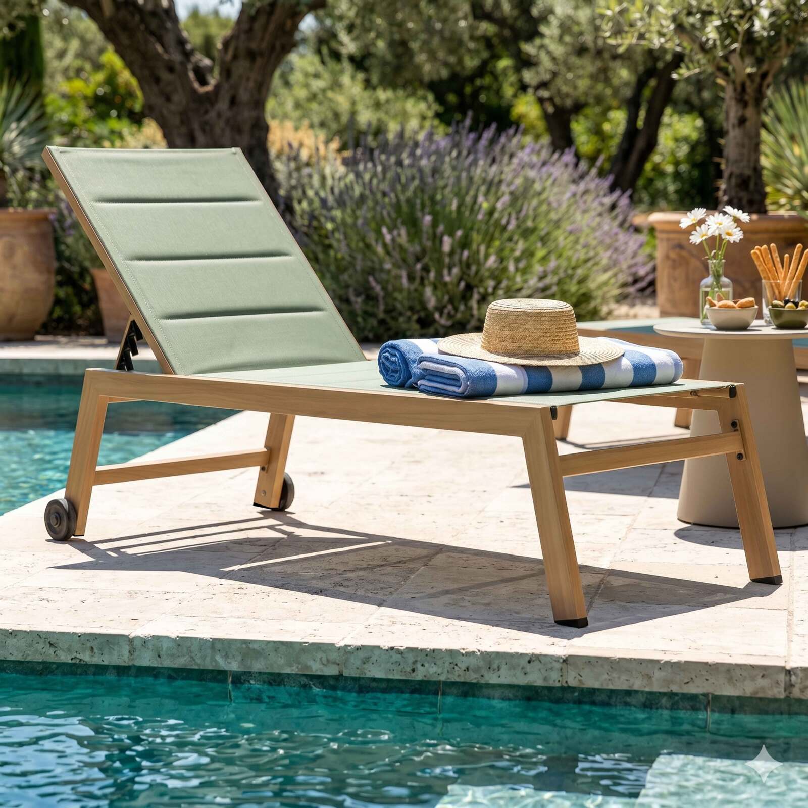Bains de soleil aluminium effet bois et textilène inclinables 5 positions avec roues - Lot de 2
