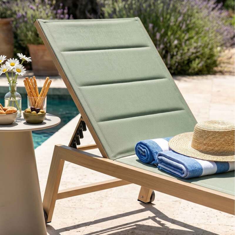 Bains de soleil aluminium effet bois et textilène inclinables 5 positions avec roues - Lot de 2 (3/8)