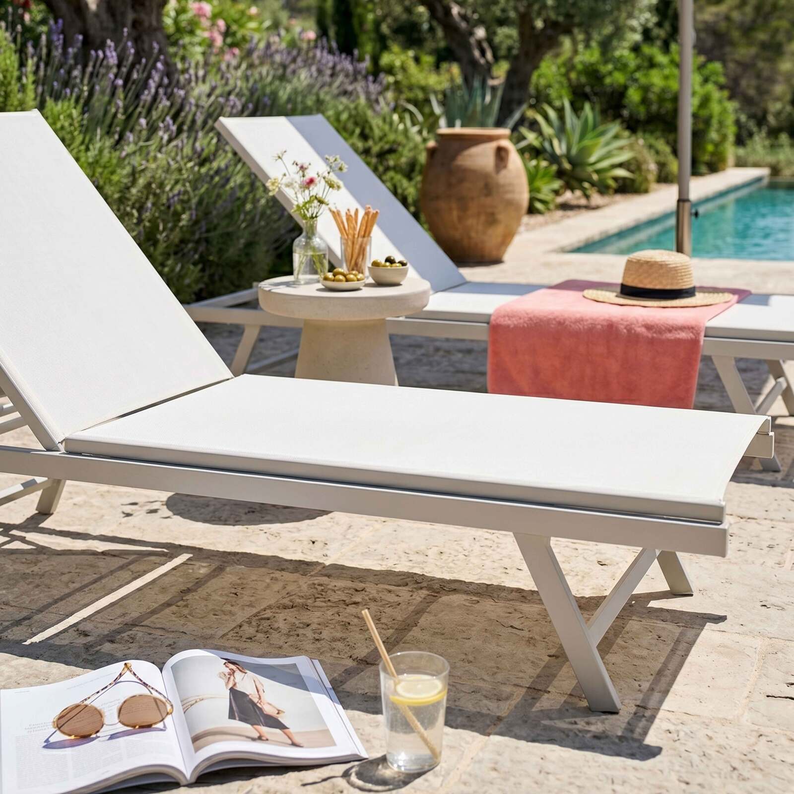 Bains de soleil metal et textilène inclinables 5 positions - Lot de 2