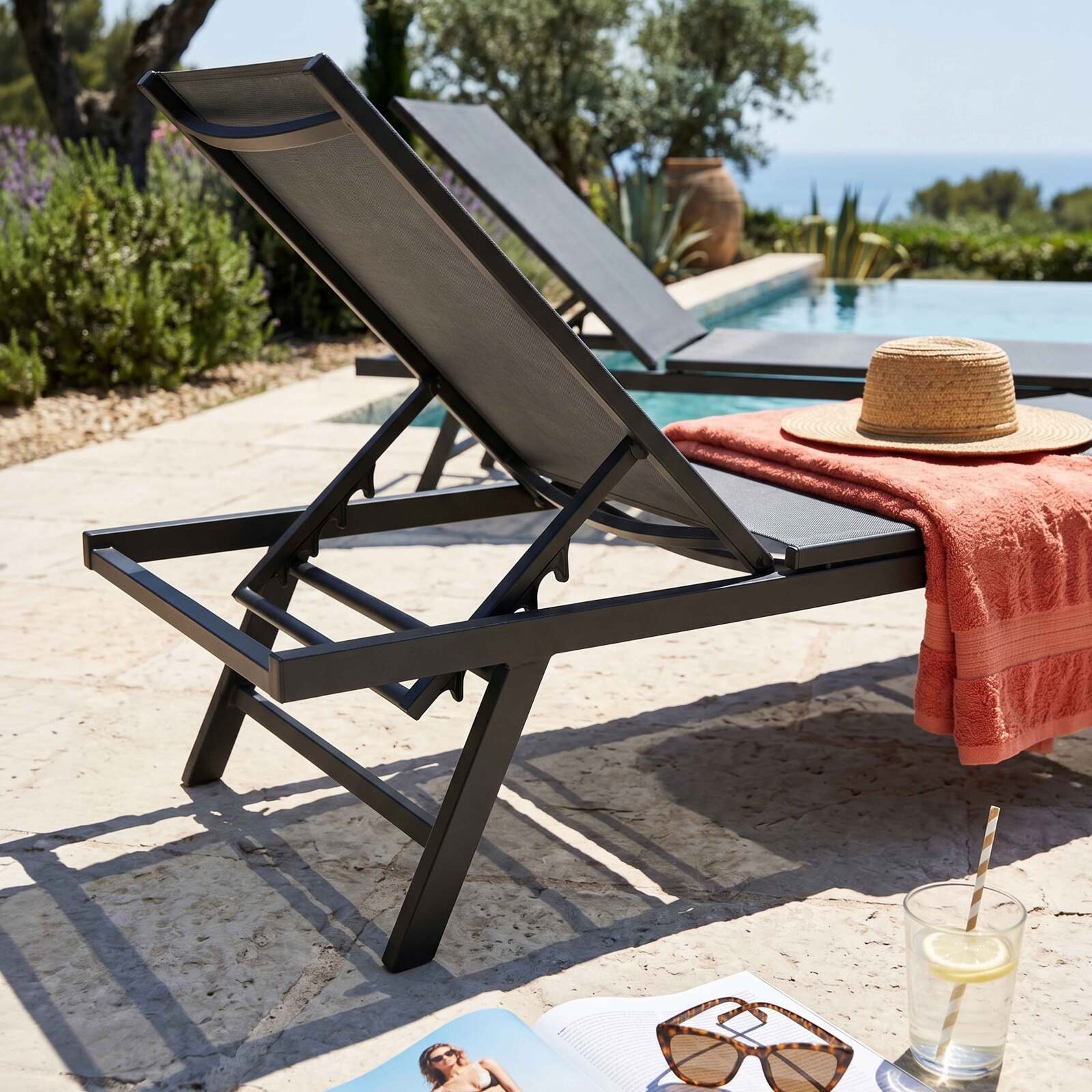 Bains de soleil metal et textilène inclinables 5 positions - Lot de 2