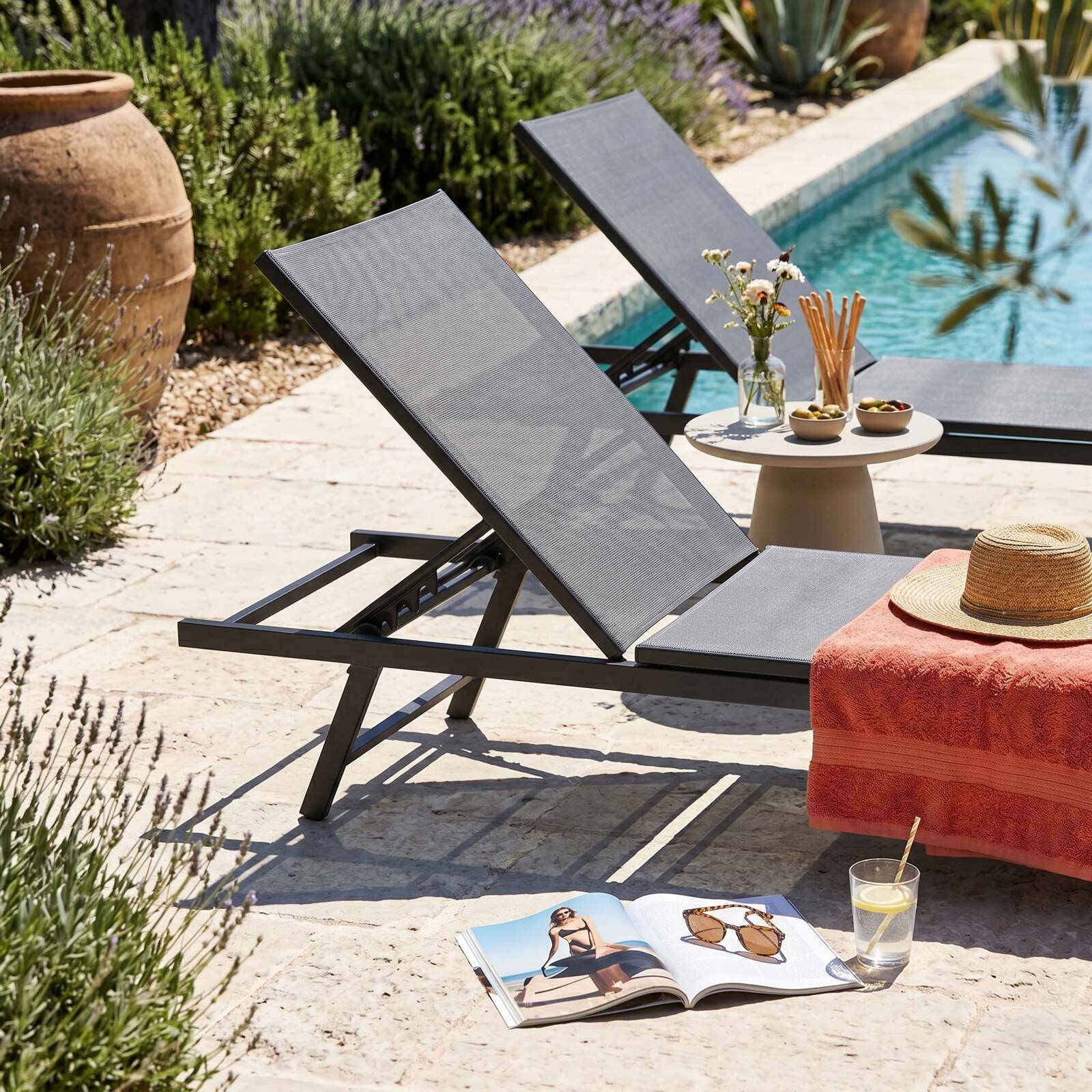 Bains de soleil metal et textilène inclinables 5 positions - Lot de 2
