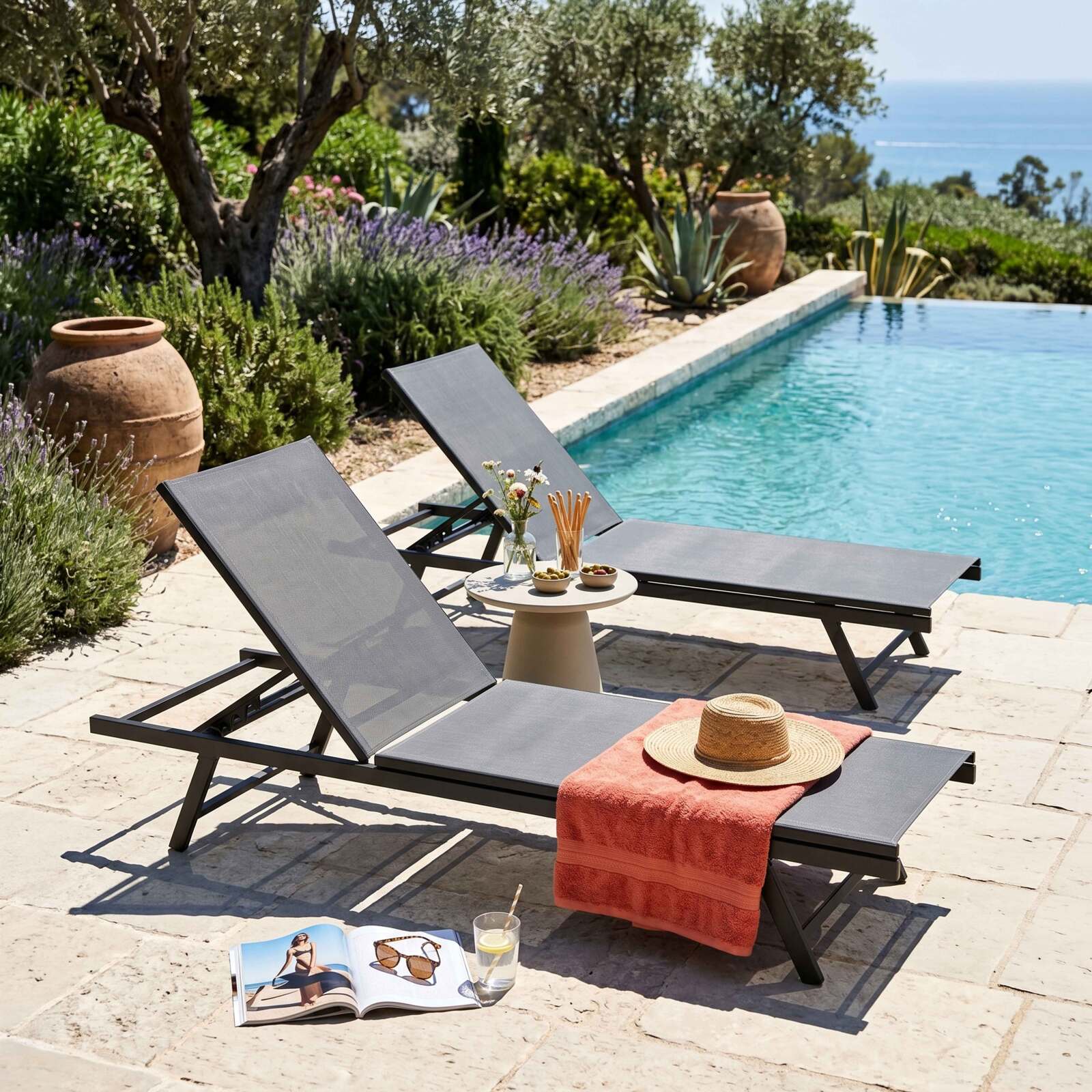 Bains de soleil metal et textilène inclinables 5 positions - Lot de 2