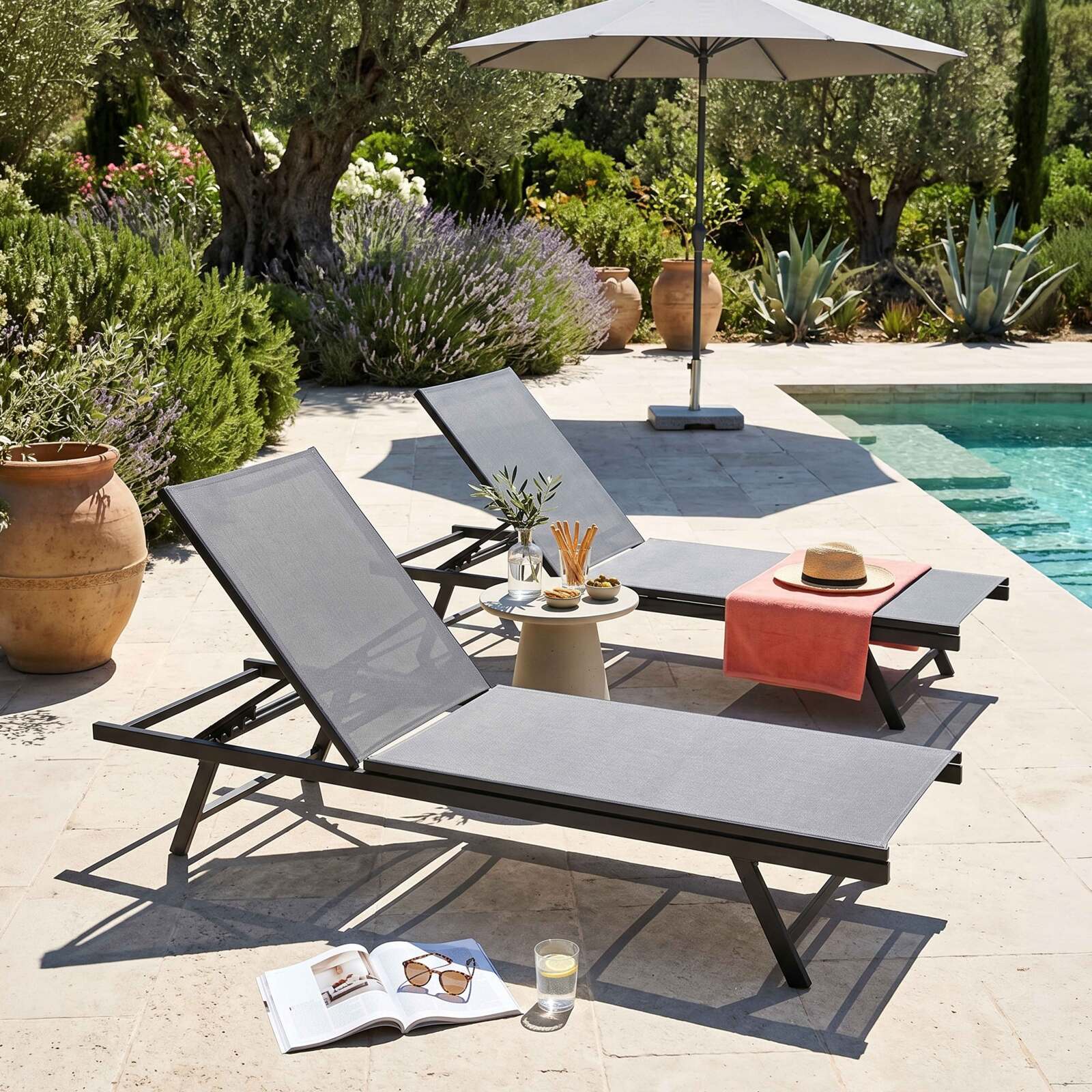 Bains de soleil metal et textilène inclinables 5 positions - Lot de 2