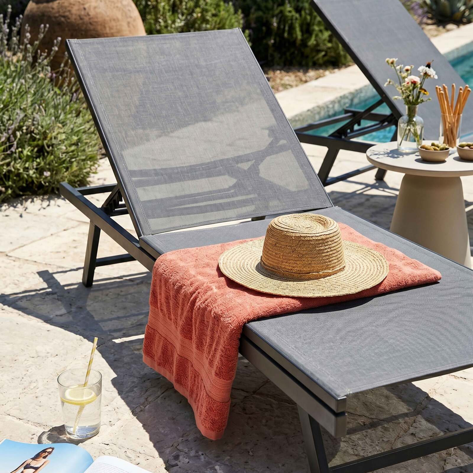 Bains de soleil metal et textilène inclinables 5 positions - Lot de 2