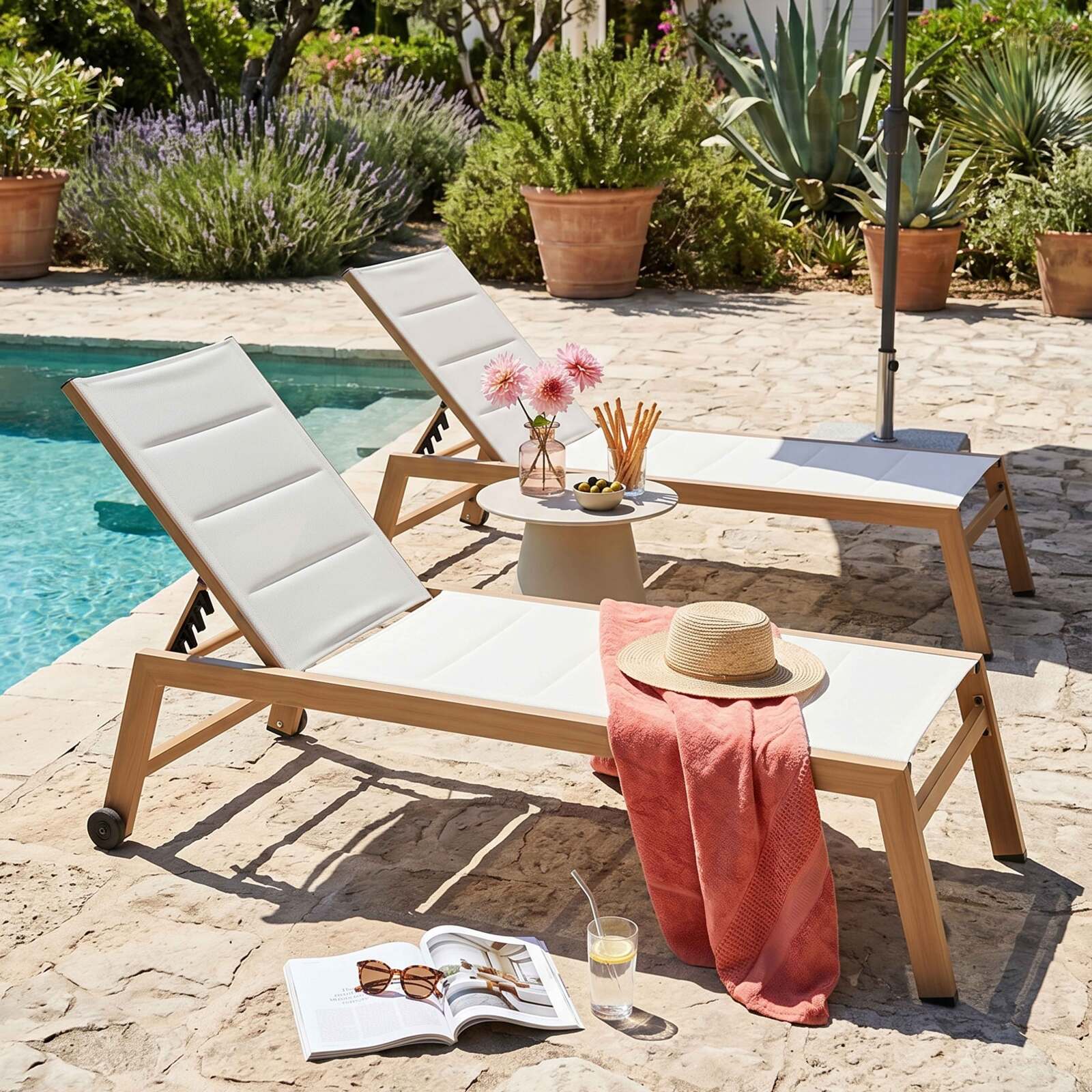 Bains de soleil aluminium effet bois et textilène inclinables 5 positions avec roues - Lot de 2