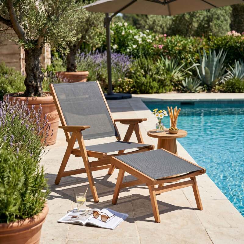 Fauteuil relax de jardin en bois d'eucalyptus avec repose-pieds