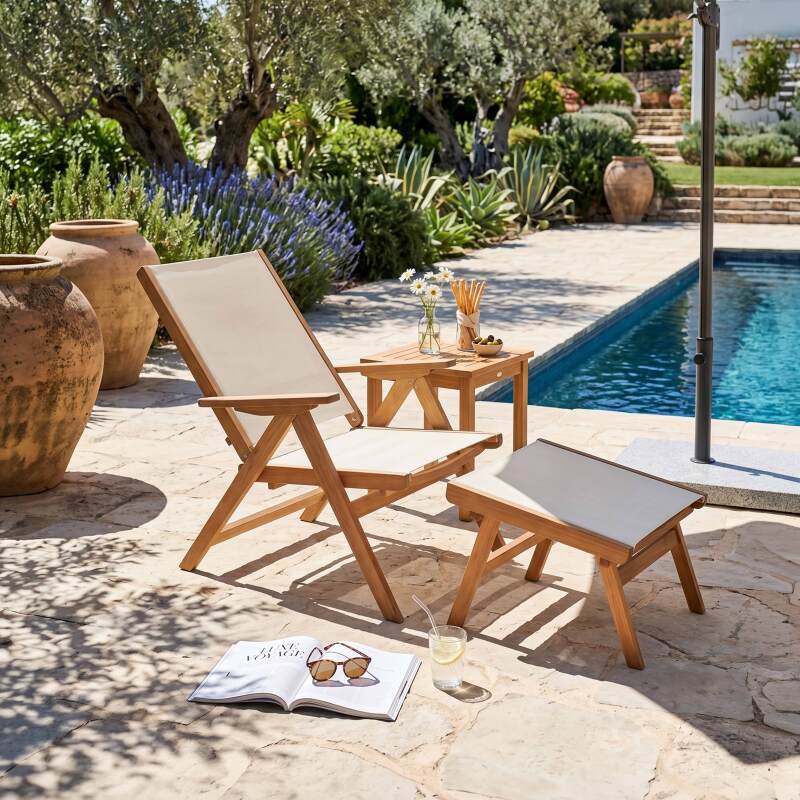 Fauteuil relax de jardin en bois d'eucalyptus avec repose-pieds