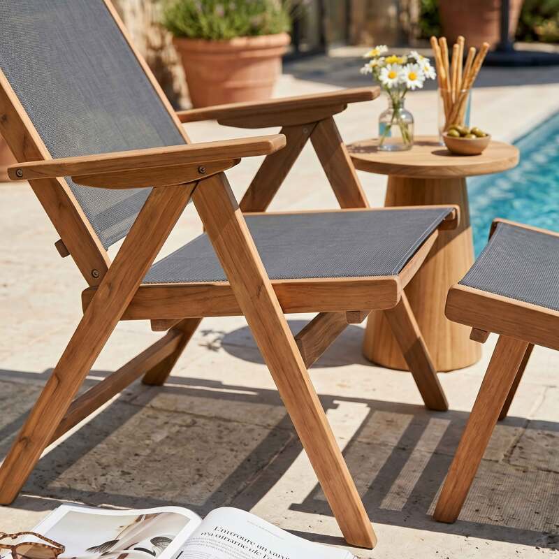 Fauteuil relax de jardin en bois d'eucalyptus avec repose-pieds (3/8)