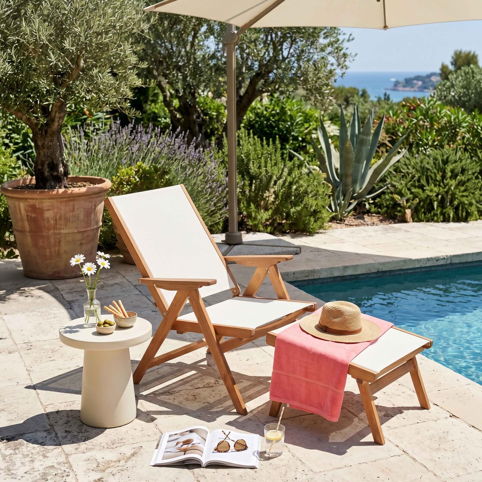 Fauteuil relax de jardin en bois d'eucalyptus avec repose-pieds