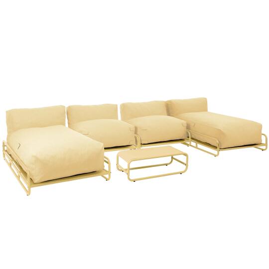 Salon de jardin modulable 4 places avec structure, 2 méridiennes, 2 chauffeuses et table basse | Oviala