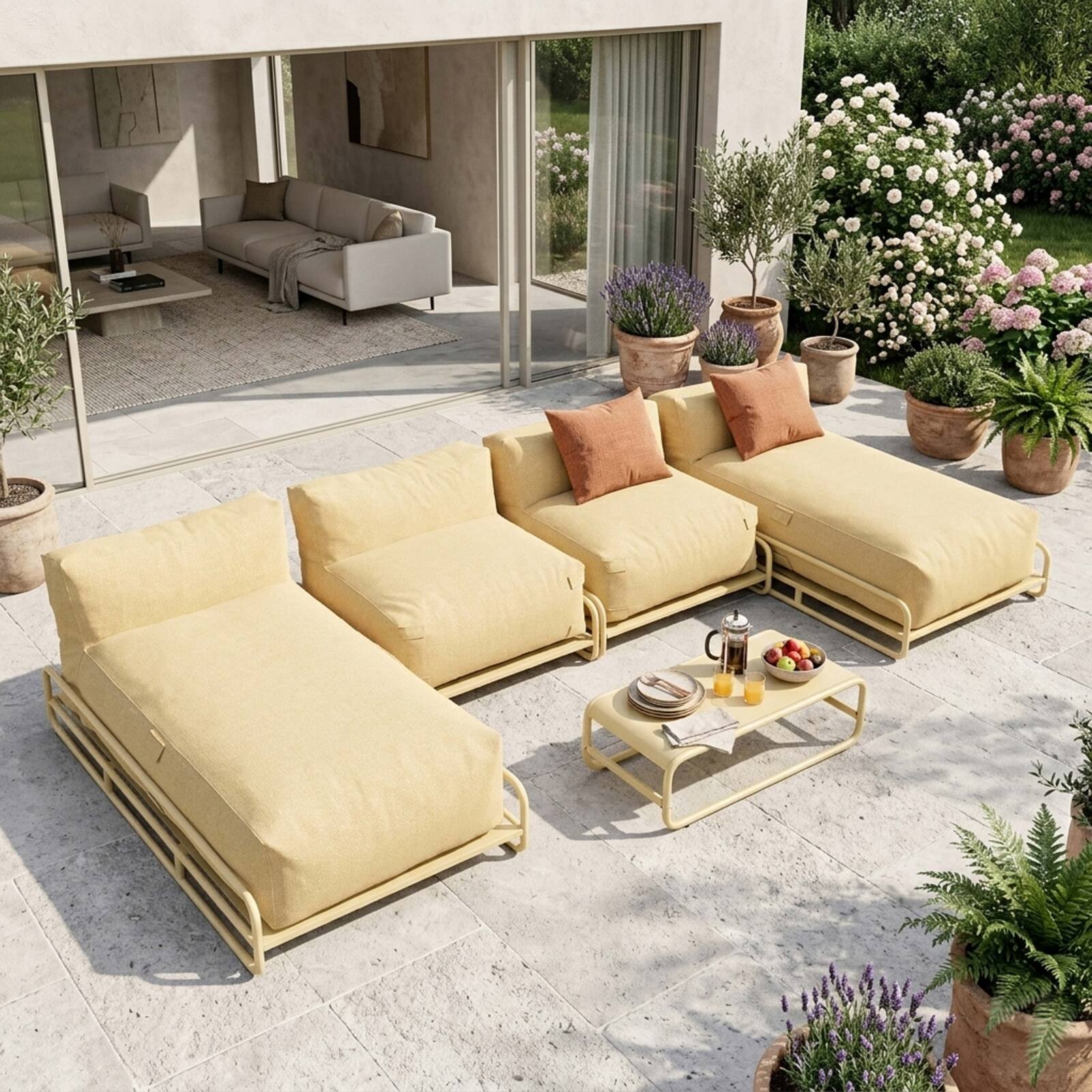 Salon de jardin modulable 4 places avec structure, 2 méridiennes, 2 chauffeuses et table basse