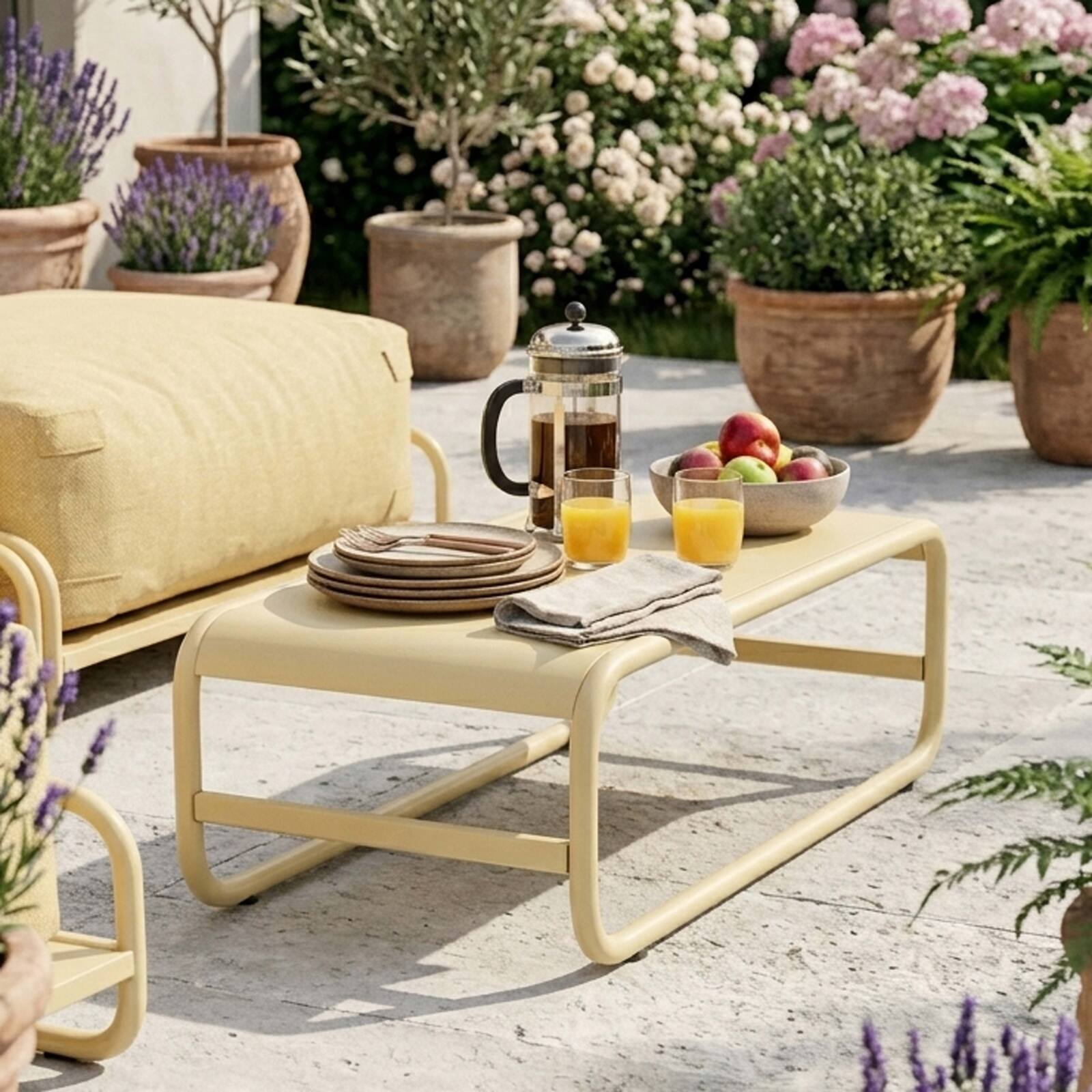 Salon de jardin modulable 4 places avec structure, 2 méridiennes, 2 chauffeuses et table basse