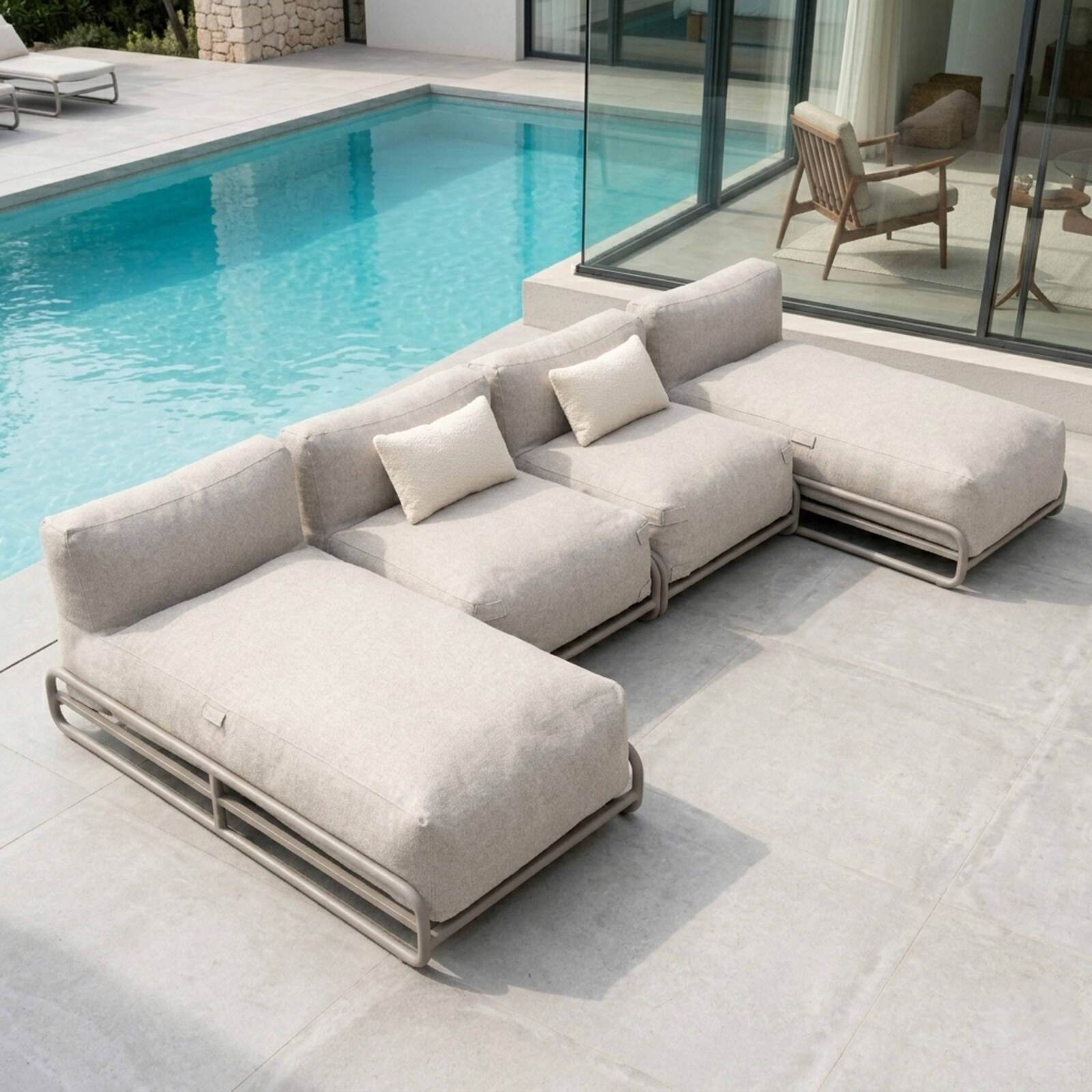 Salon de jardin modulable 4 places avec structure, 2 méridiennes, 2 chauffeuses et table basse
