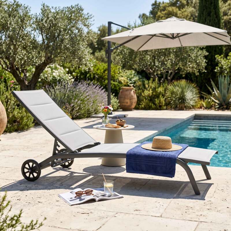 Bains de soleil aluminium et textilène inclinables 4 positions avec roues - Lot de 2 (8/9)