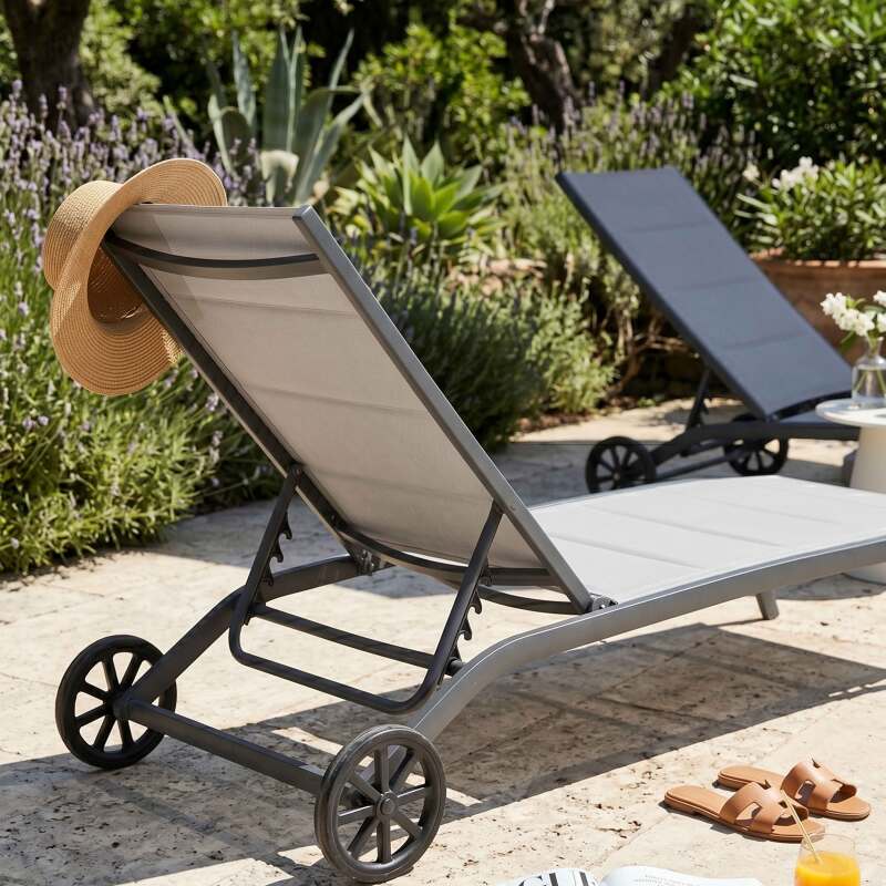 Bains de soleil aluminium et textilène inclinables 4 positions avec roues - Lot de 2 (3/9)
