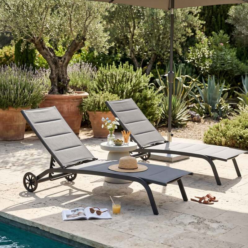 Bains de soleil aluminium et textilène inclinables 4 positions avec roues - Lot de 2