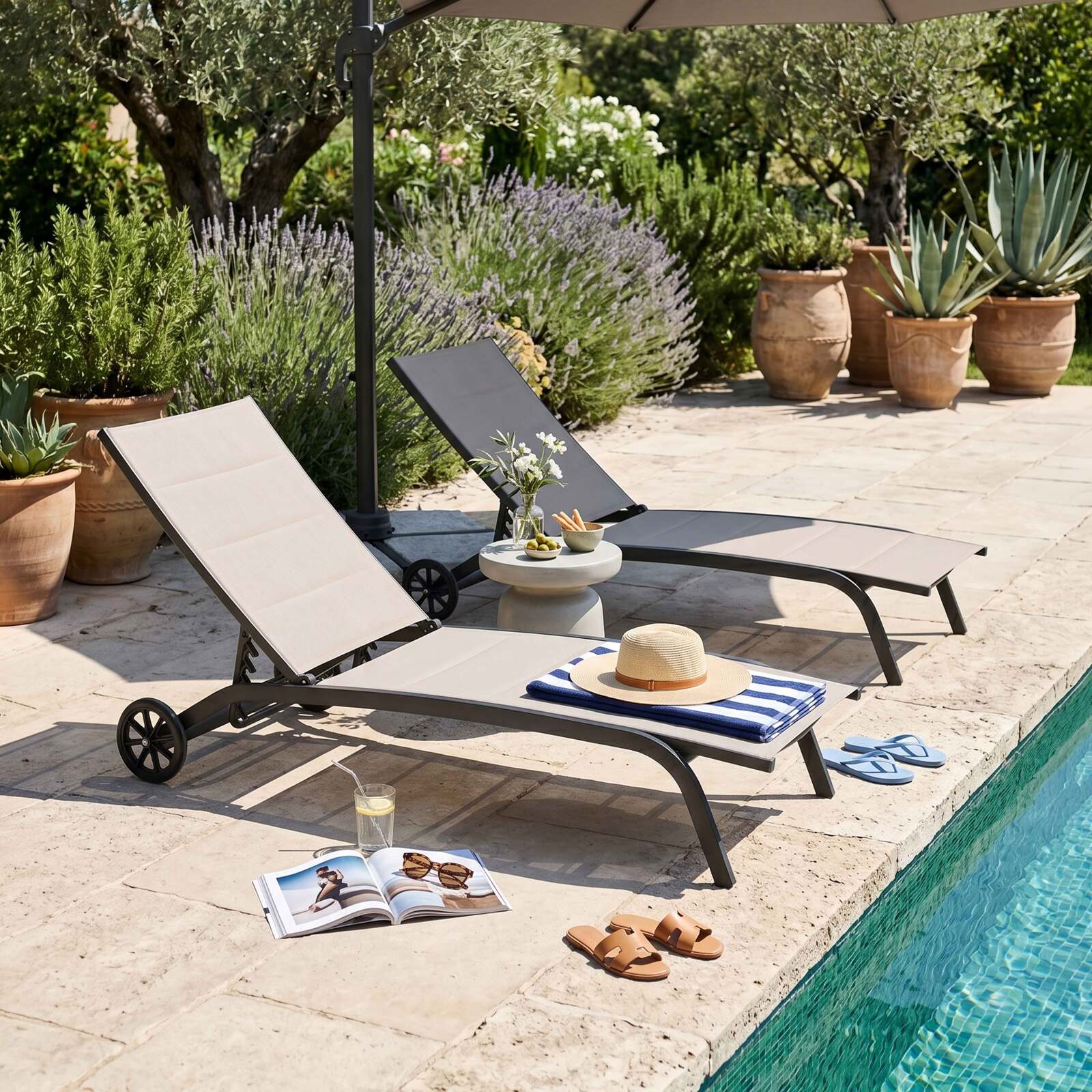 Bains de soleil aluminium et textilène inclinables 4 positions avec roues - Lot de 2