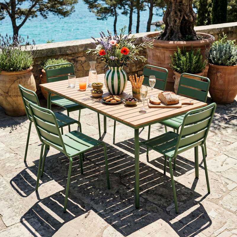 Table de jardin effet bois en métal et polywood 6 personnes 160x90 cm (2/8)
