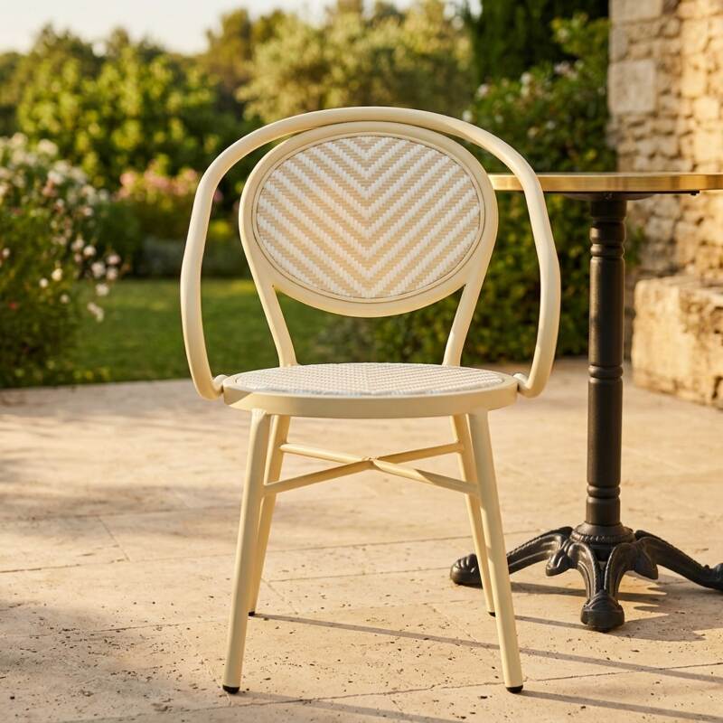 Chaise de jardin bistrot parisien en aluminium et rotin synthétique avec accoudoirs, motif en chevrons (3/7)