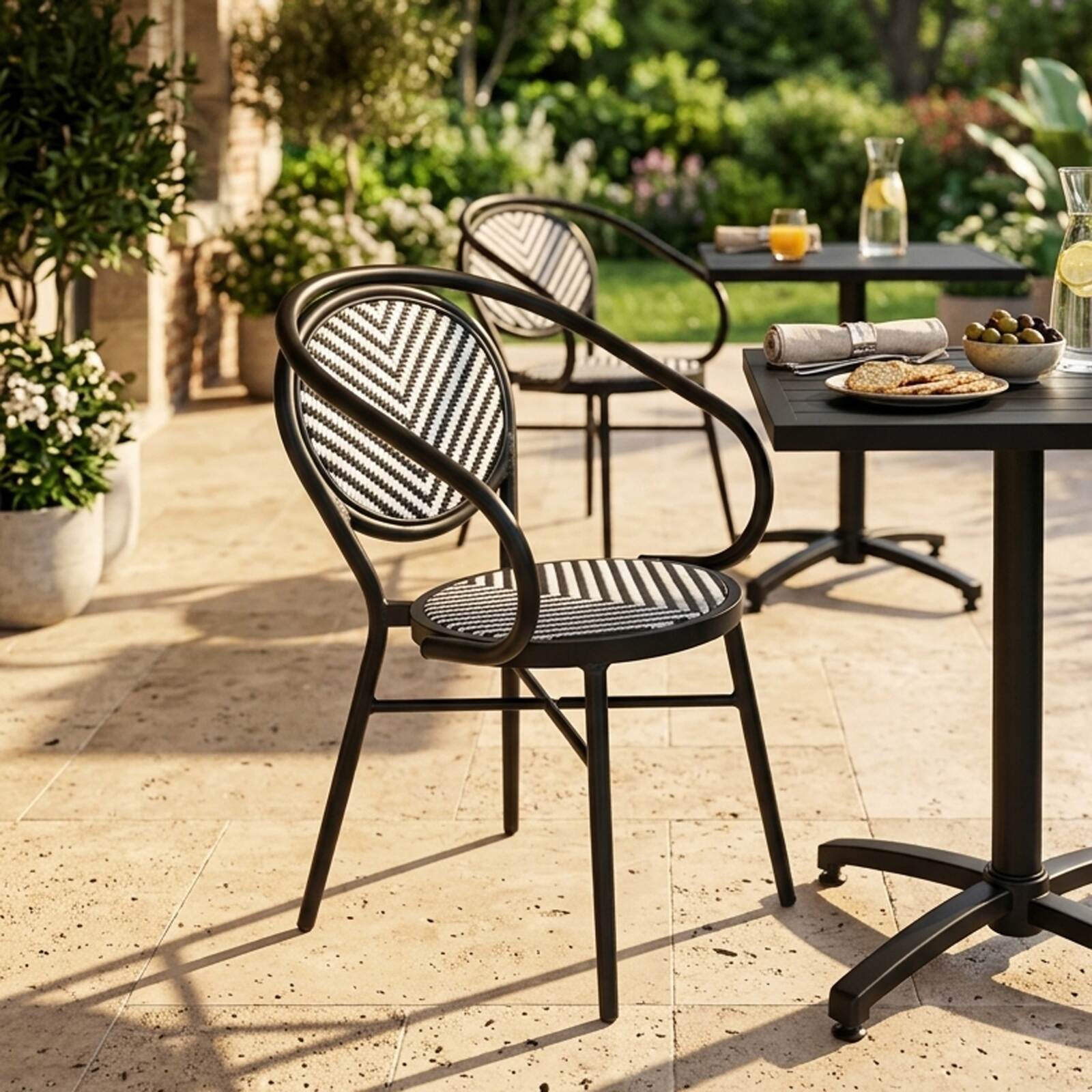Chaise de jardin bistrot parisien en aluminium et rotin synthétique avec accoudoirs, motif en chevrons