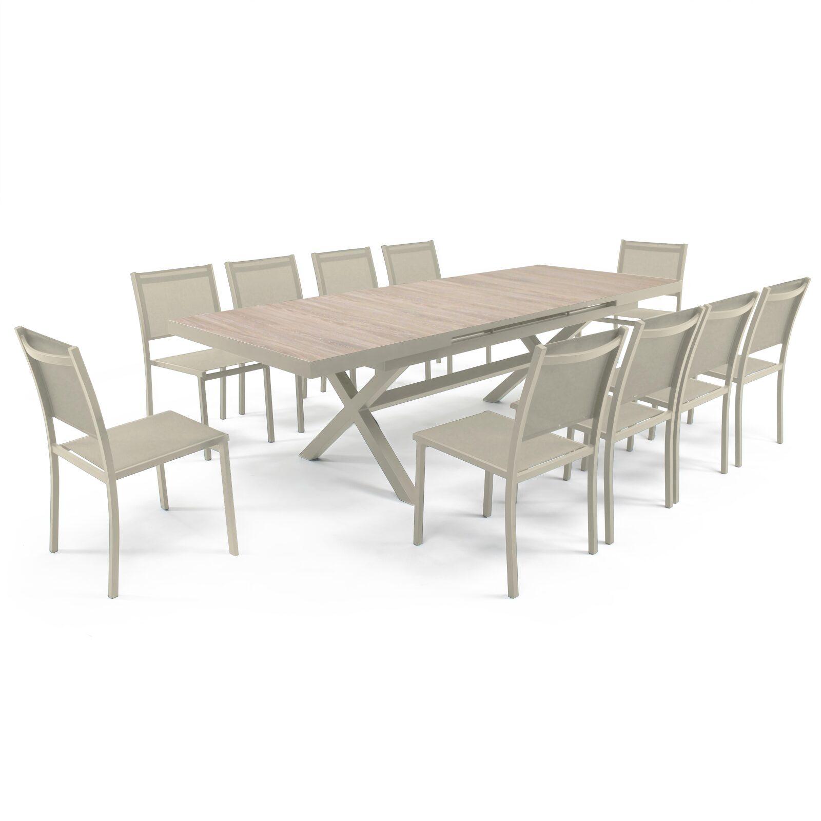 Table de jardin en aluminium et céramique effet bois 201x100 cm et 10 chaises empilables en textilène