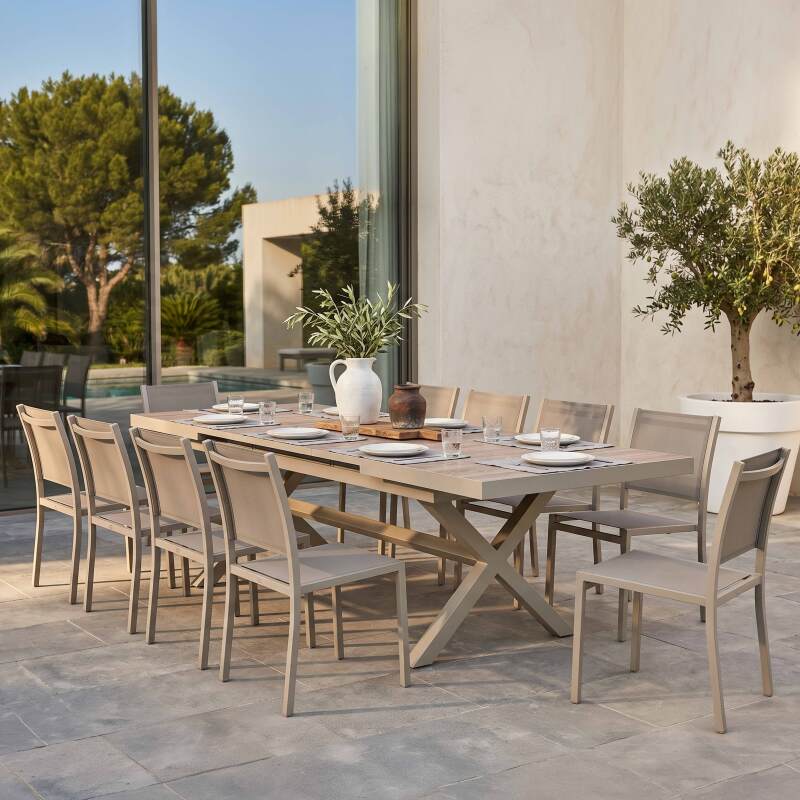 Table de jardin en aluminium et céramique effet bois 201x100 cm et 10 chaises empilables en textilène