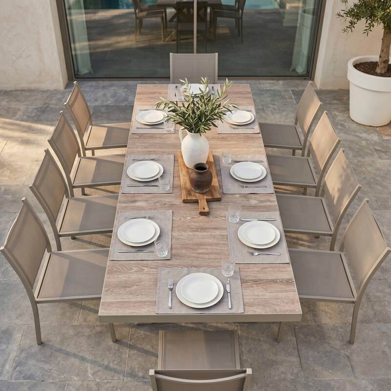 Table de jardin en aluminium et céramique effet bois 201x100 cm et 10 chaises empilables en textilène (2/7)