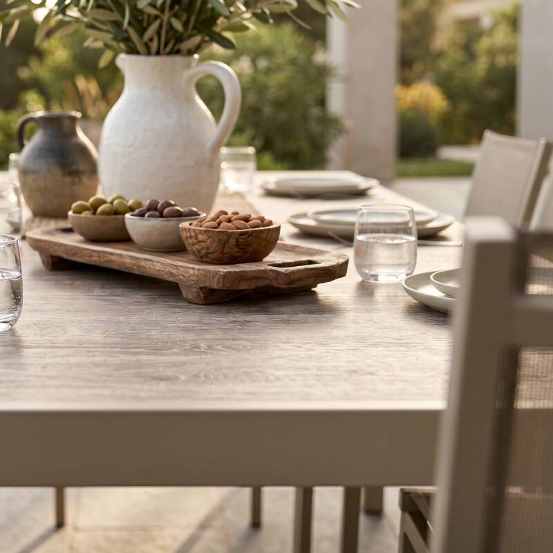 Table de jardin en aluminium et céramique effet bois 206x100 cm et 10 chaises en textilène (3/7)