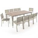 Table de jardin en aluminium et céramique effet bois 206x100 cm et 10 chaises en textilène
