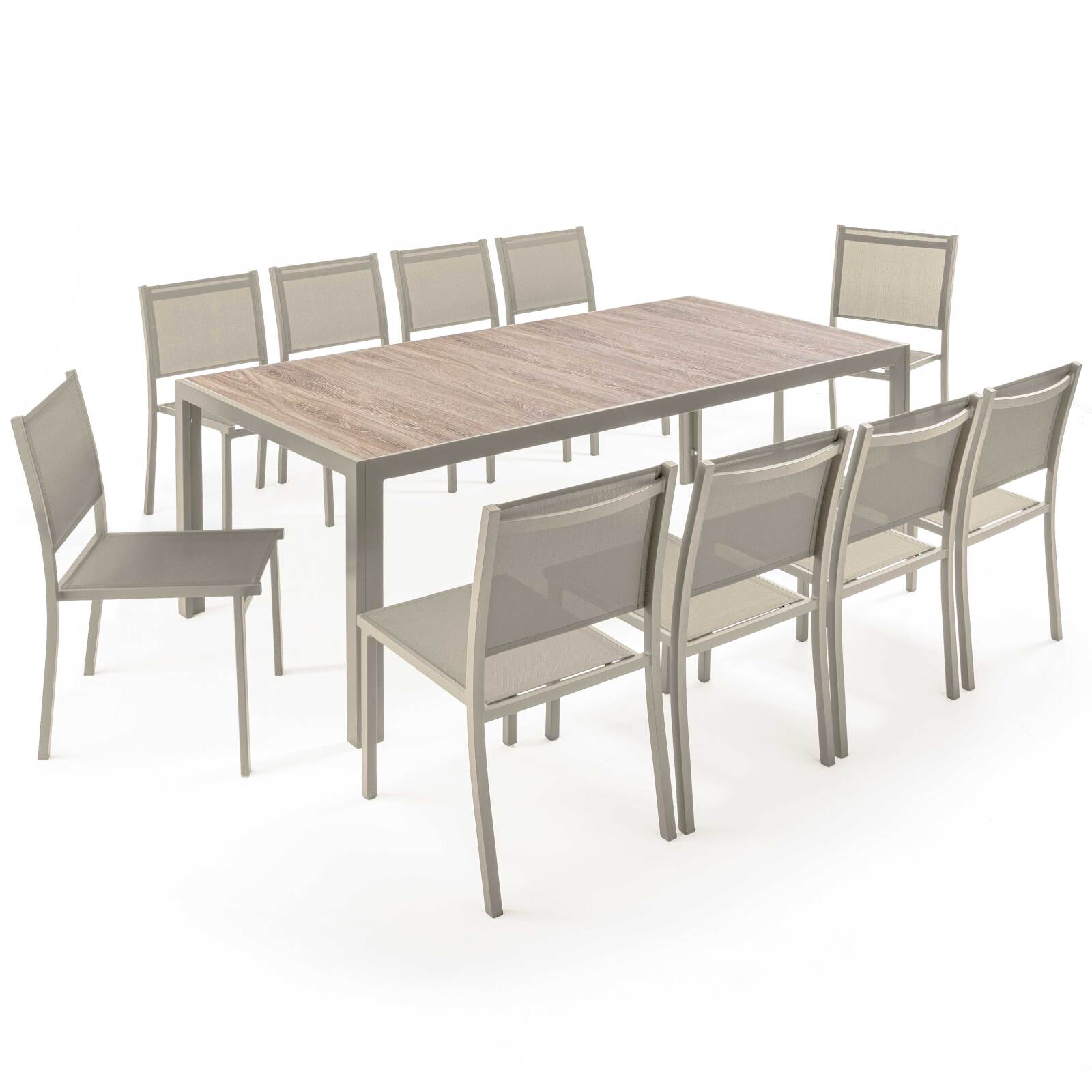 Table de jardin en aluminium et céramique effet bois 206x100 cm et 10 chaises en textilène