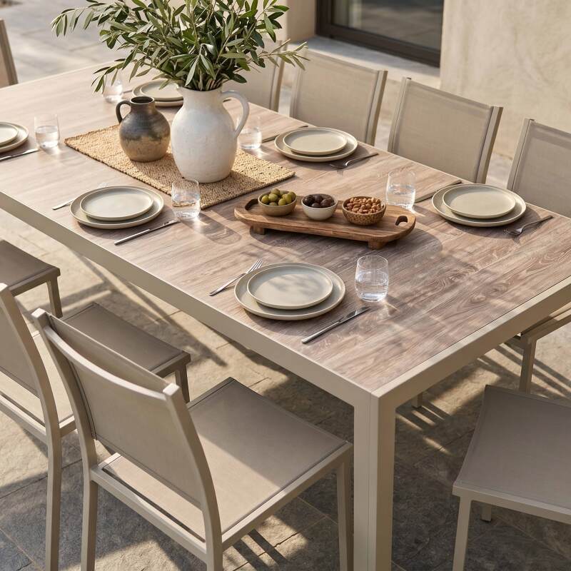 Table de jardin en aluminium et céramique effet bois 206x100 cm et 10 chaises en textilène (4/7)