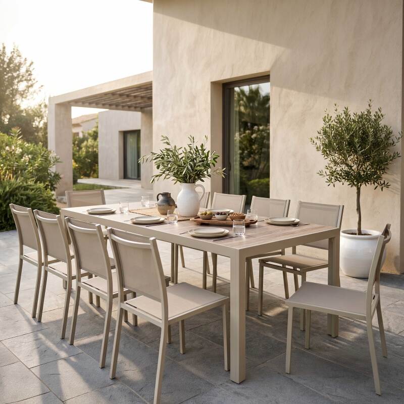 Table de jardin en aluminium et céramique effet bois 206x100 cm et 10 chaises en textilène