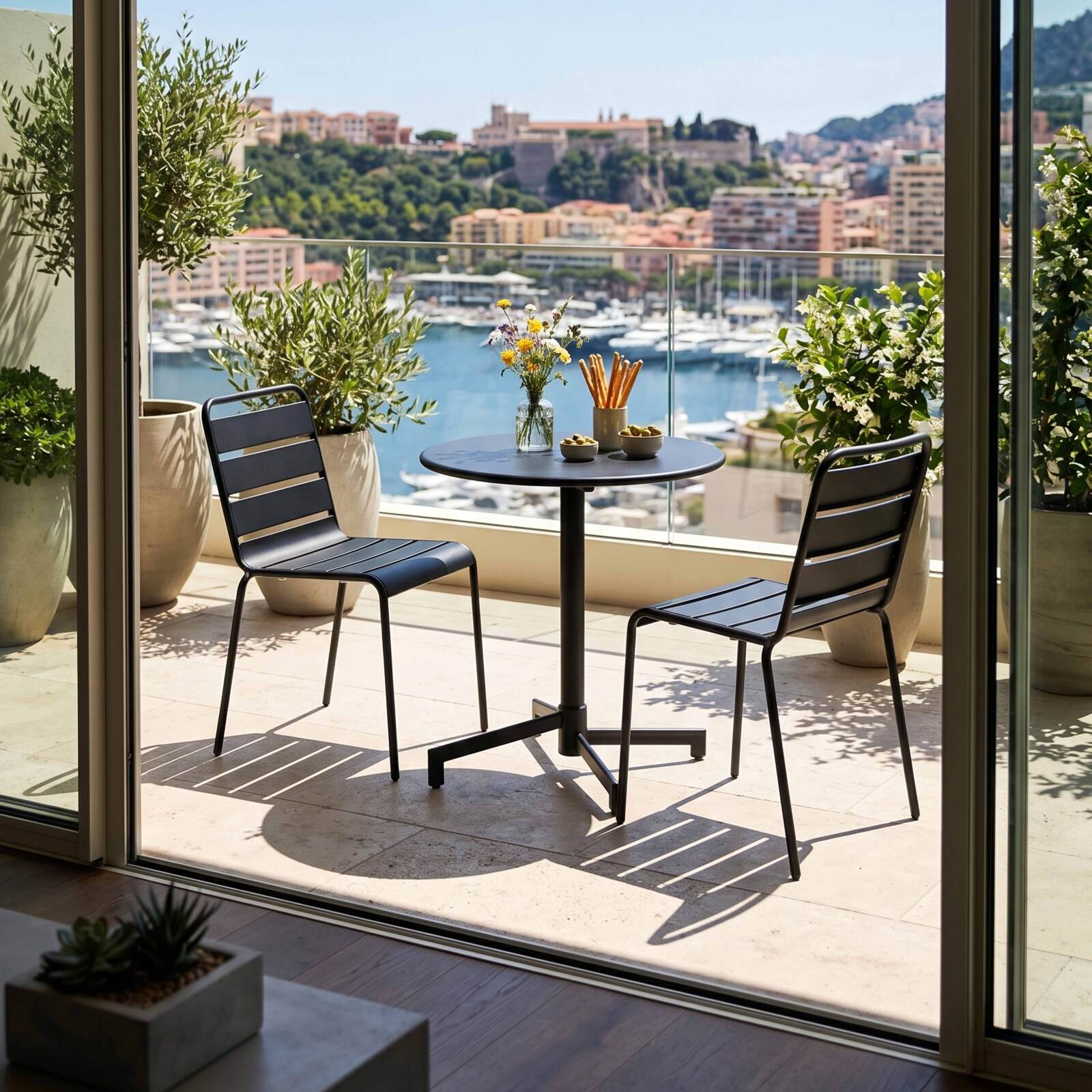 Table de jardin bistrot ronde inclinable en métal avec pied encastrable Ø70 cm et 2 chaises