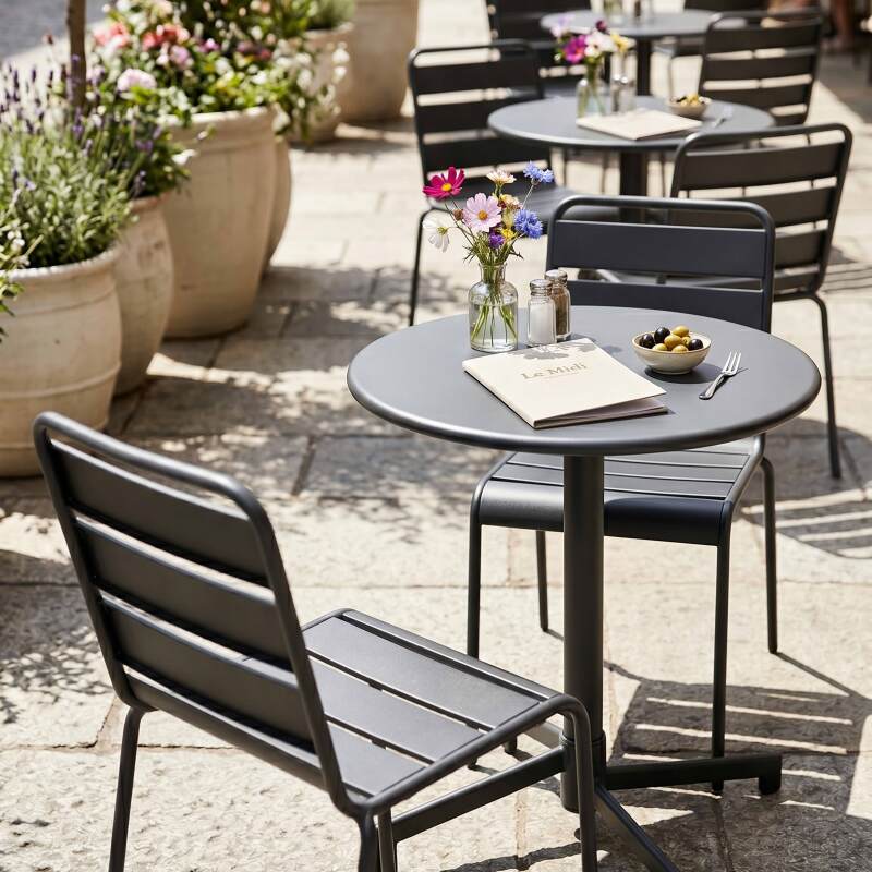 Table de jardin bistrot ronde inclinable en métal avec pied encastrable Ø70 cm et 2 chaises (7/10)
