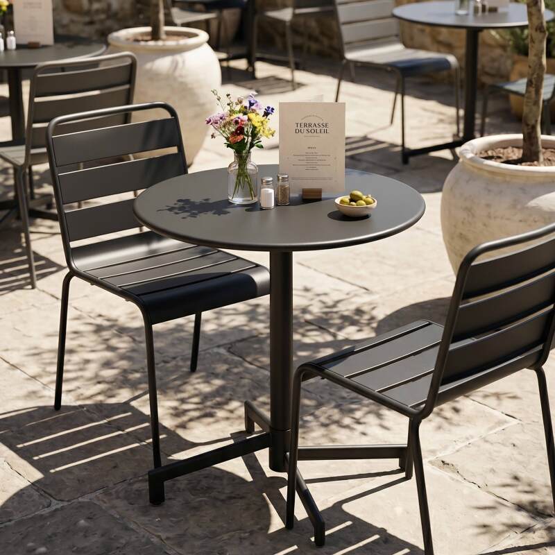 Table de jardin bistrot ronde inclinable en métal avec pied encastrable Ø70 cm et 2 chaises (6/10)