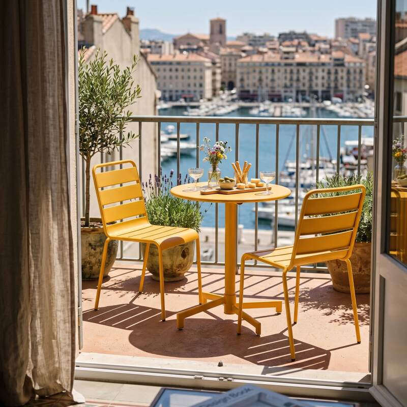 Table de jardin bistrot ronde inclinable en métal avec pied encastrable Ø70 cm et 2 chaises