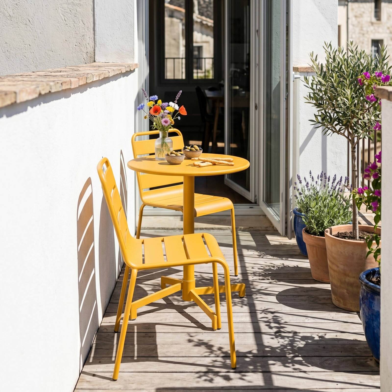 Table de jardin bistrot ronde inclinable en métal avec pied encastrable Ø70 cm et 2 chaises
